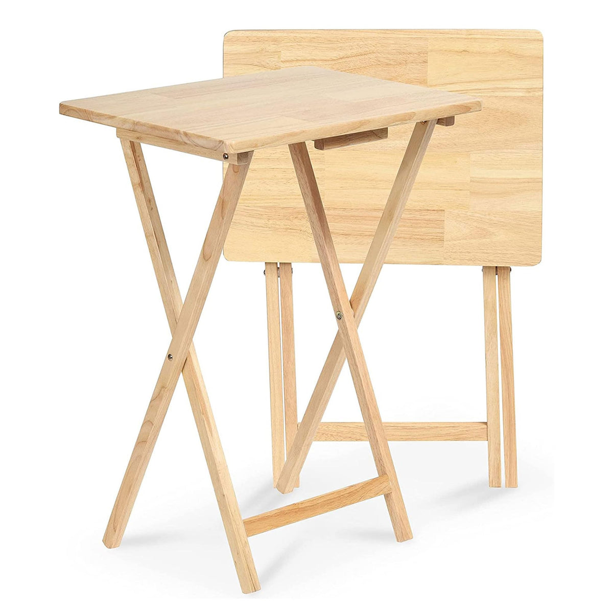 PJ Wood Folding Portable TV Snack Tray Table w/ Natural Finish, 4-Piece Set