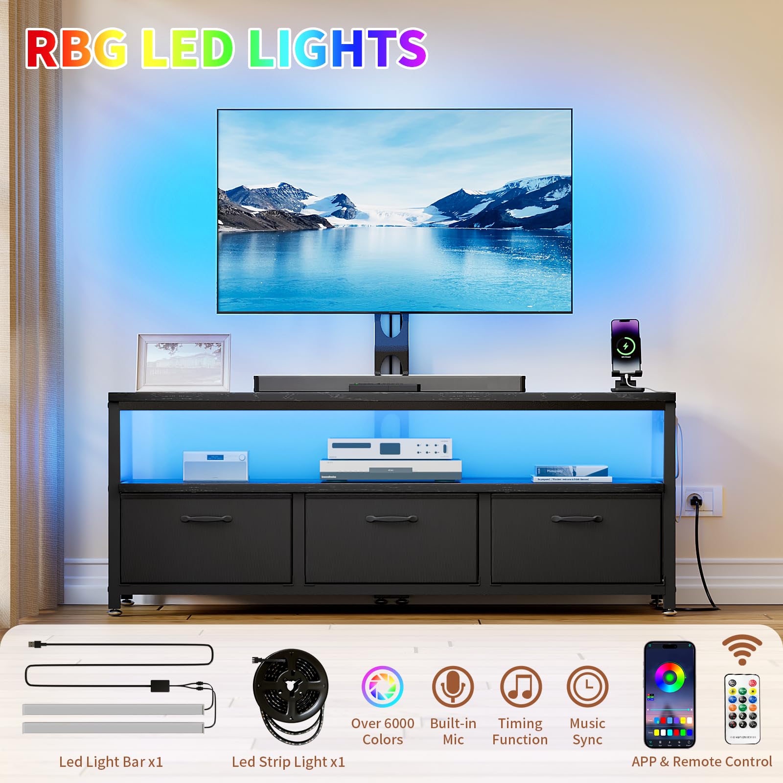 JUSTOGO TV Stand with Mount and Power Outlet, TV Stand Mount with Storage for Living Room, Entertainment Center with LED Lights for 45 55 60 65 inch, Height Adjustable Media Console, Black