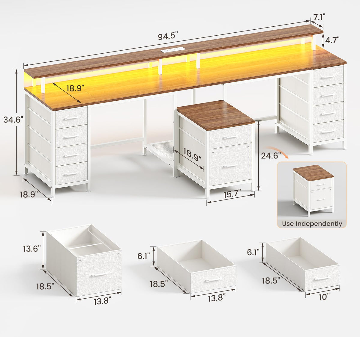 95'' 2 Person Desk with 10 Drawers, Outlets & LED for Gaming, Home Office