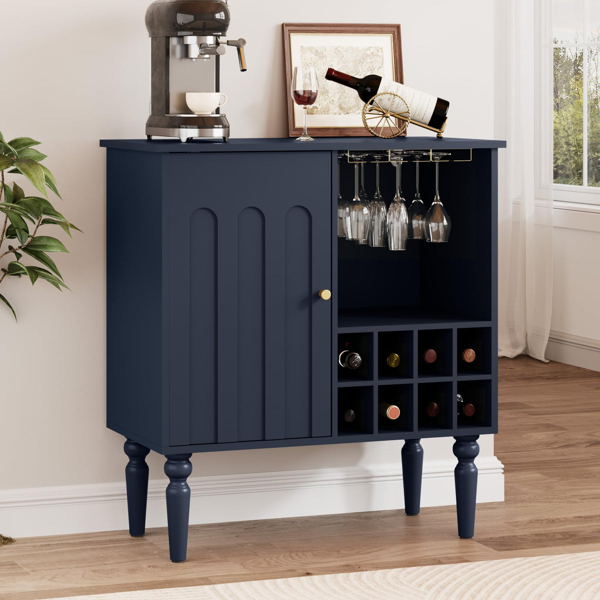 Surmorn Arched Fluted Coffee Bar Cabinet with Storage& Wine Racks, Blue