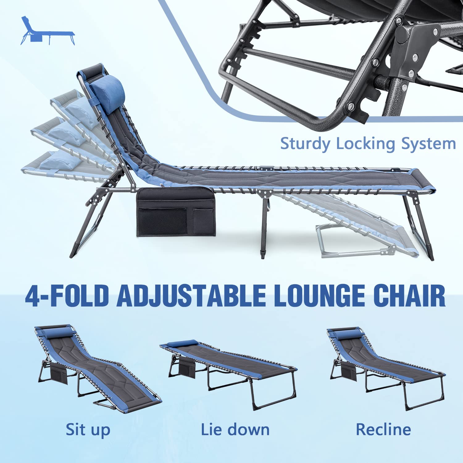 Folding Outdoor Chaise Lounge Chair with Pillow & Side Pocket
