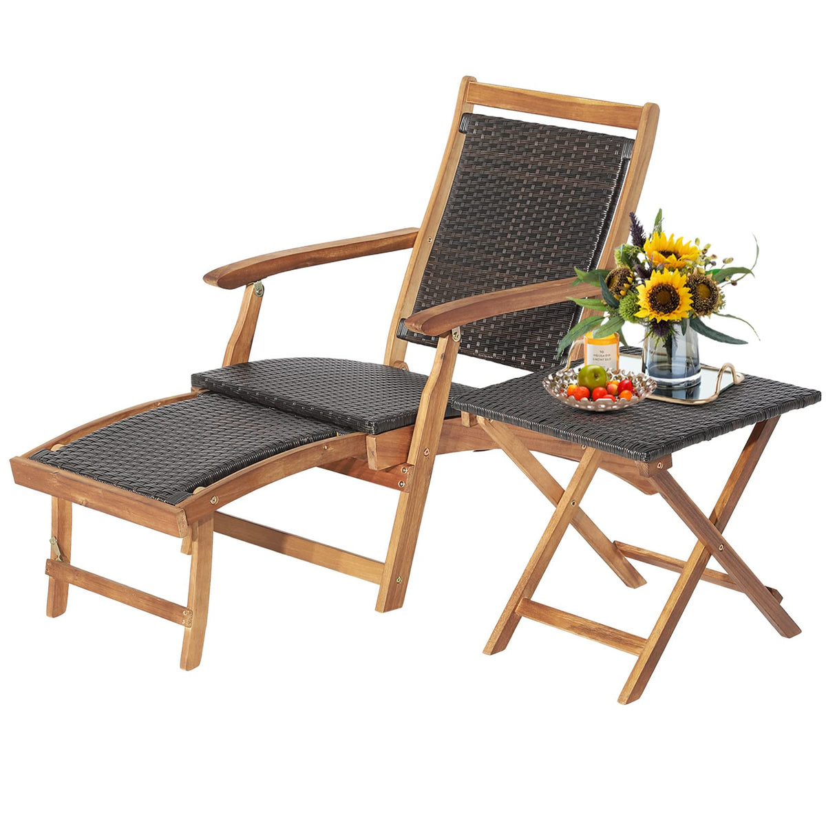 RELAX4LIFE Patio Lounge Chair Set - Outdoor Acacia Wood Chaise Lounge w/Side Table, Armrest & Retractable Ottoman, Rattan Seat, Tabletop, Quick Folding Sunbathing Chair for Backyard, Poolside (1)