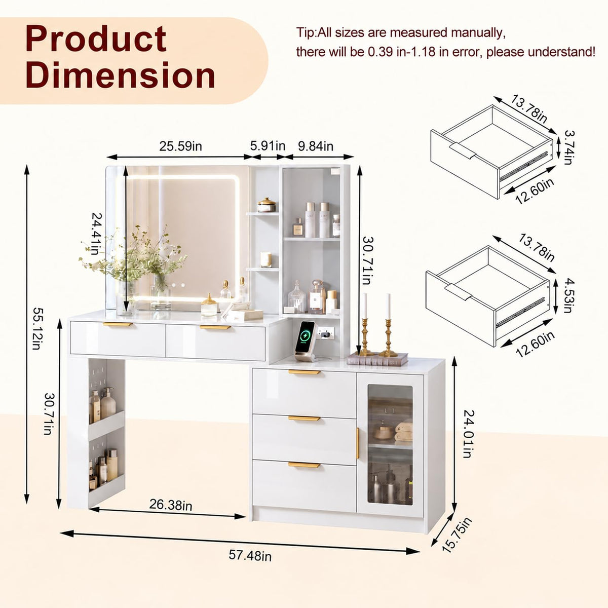 57“Makeup Vanity Desk with Mirror and Lights, Vanity Desk with 5 Drawers & RGB Cabinet Lighting, Vanity Table with Power Outlet, 3 Color Modes & Adjustable Brightness Dressing Table, Bedroom,White