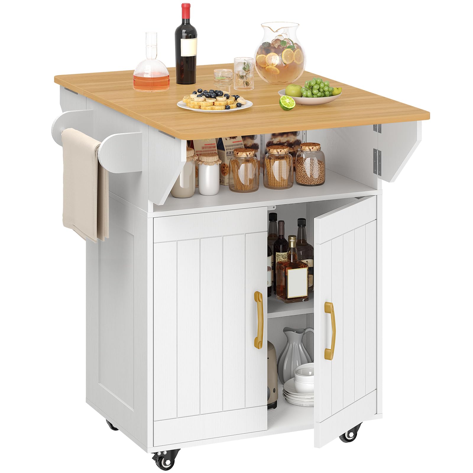 MAHANCRIS Kitchen Island on Wheels, Rolling Island Cart with Drop Leaf, Mobile Kitchen Island with Storage, Kitchen Island Table with Adjustable Shelf and Hooks, for Kitchen White and Natural KIBN9801