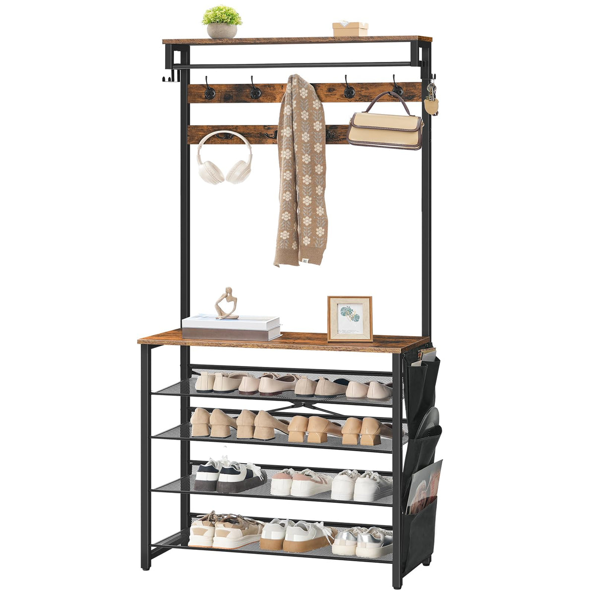 HOOBRO Hall Tree with Bench, Entryway Coat Rack with Shoe Rack, 39.4" Shoe and Coat Rack, 5 Tier Shoe Storage Organizer with Oxford Fabric Side Pockets, Adjustable Mesh Shelves, Rustic Brown BF76MT01