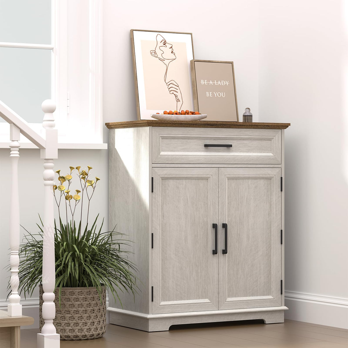 REDAYFUR Kitchen Storage Cabinet with Drawer, Buffet Cabinet with Storable Door, Modern Floor Sideboard, White Freestanding for Kitchen