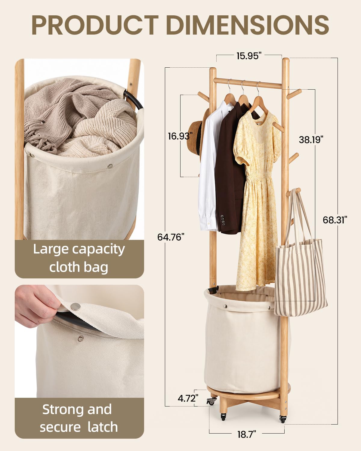 Rolling Wood Coat Rack with Basket