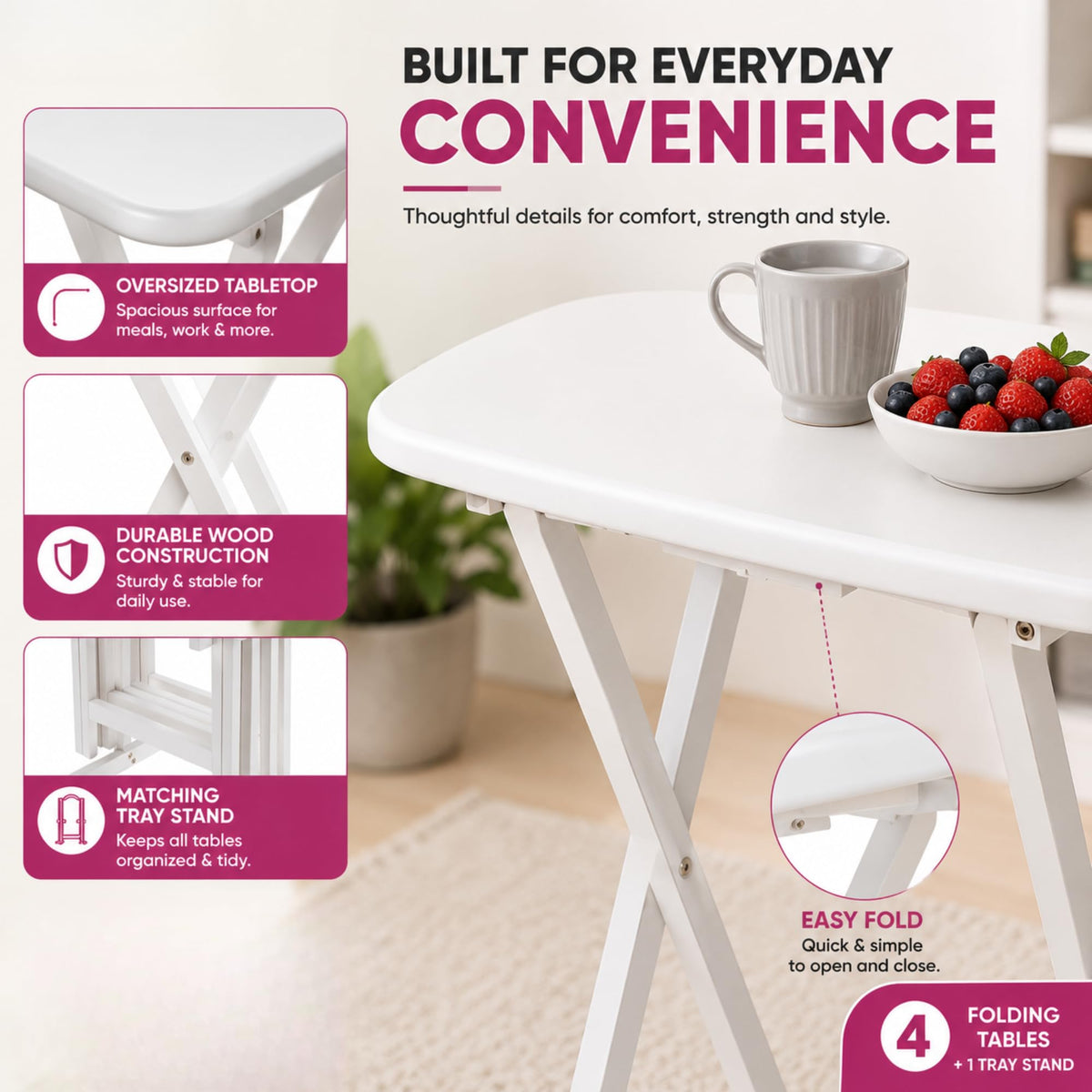 Oakestry Corbett 4 Piece Oversized Snack Tables with Tray Stand Folding TV Tray Set Portable Space Saving Sofa Side Tables Durable Wood Construction Modern White Finish