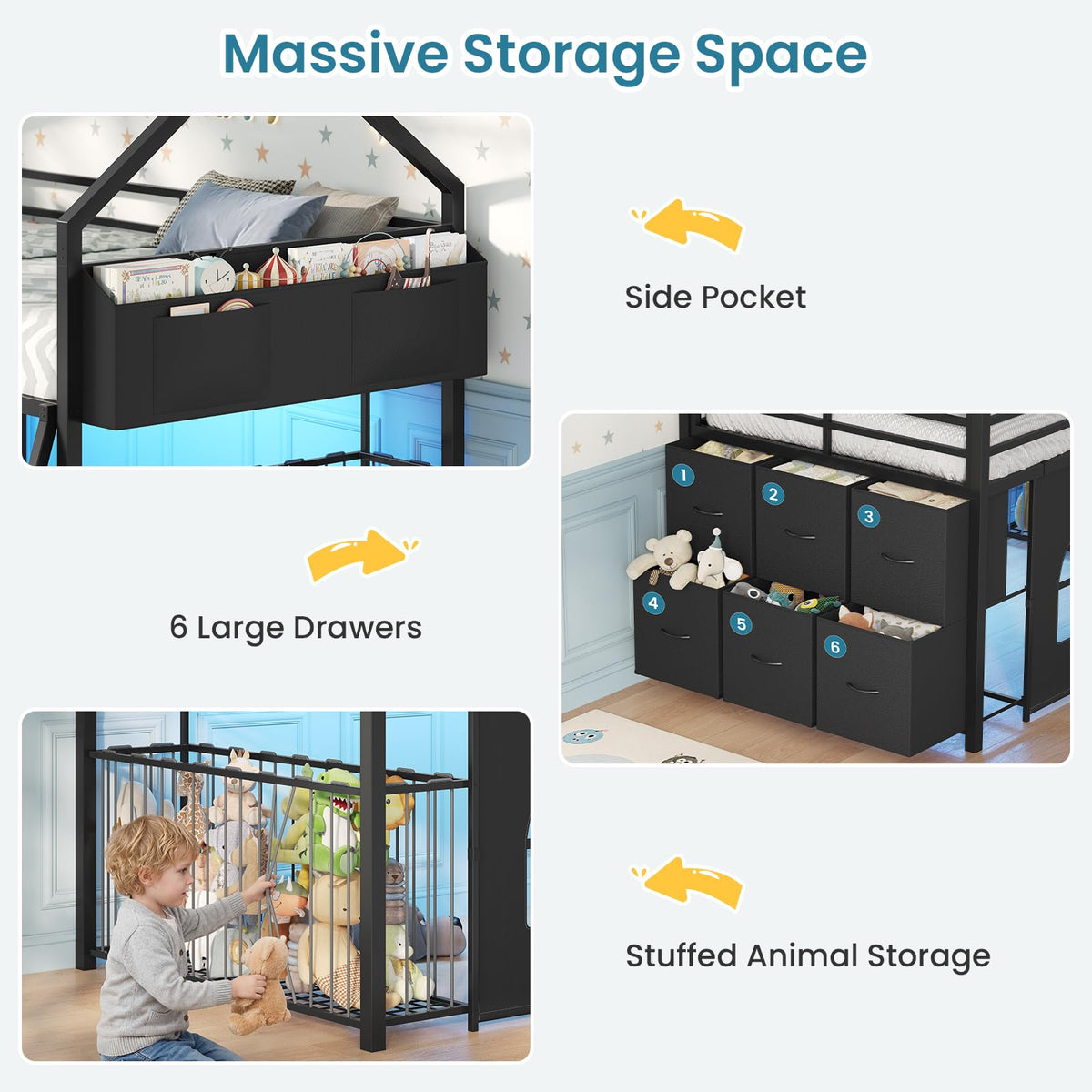 Low Loft Bed T Size with 6 Storage Drawers,Stuffed Animal Storage,LED Light