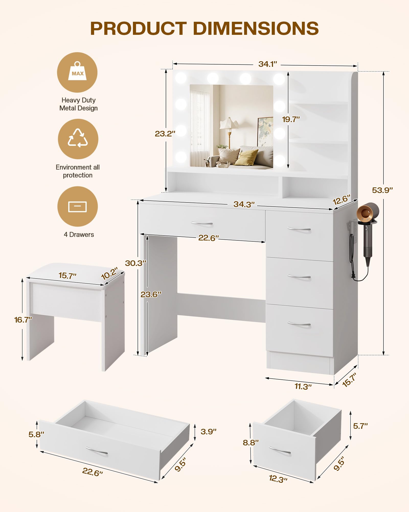 LIVELYGLOW White Makeup Vanity with HD Mirror & 10 LED Bulbs, 34.3" Dressing Table with Charging Station, 4 Drawers, Hairdryer Rack & Cushion Stool, Modern Bedroom Vanity Set