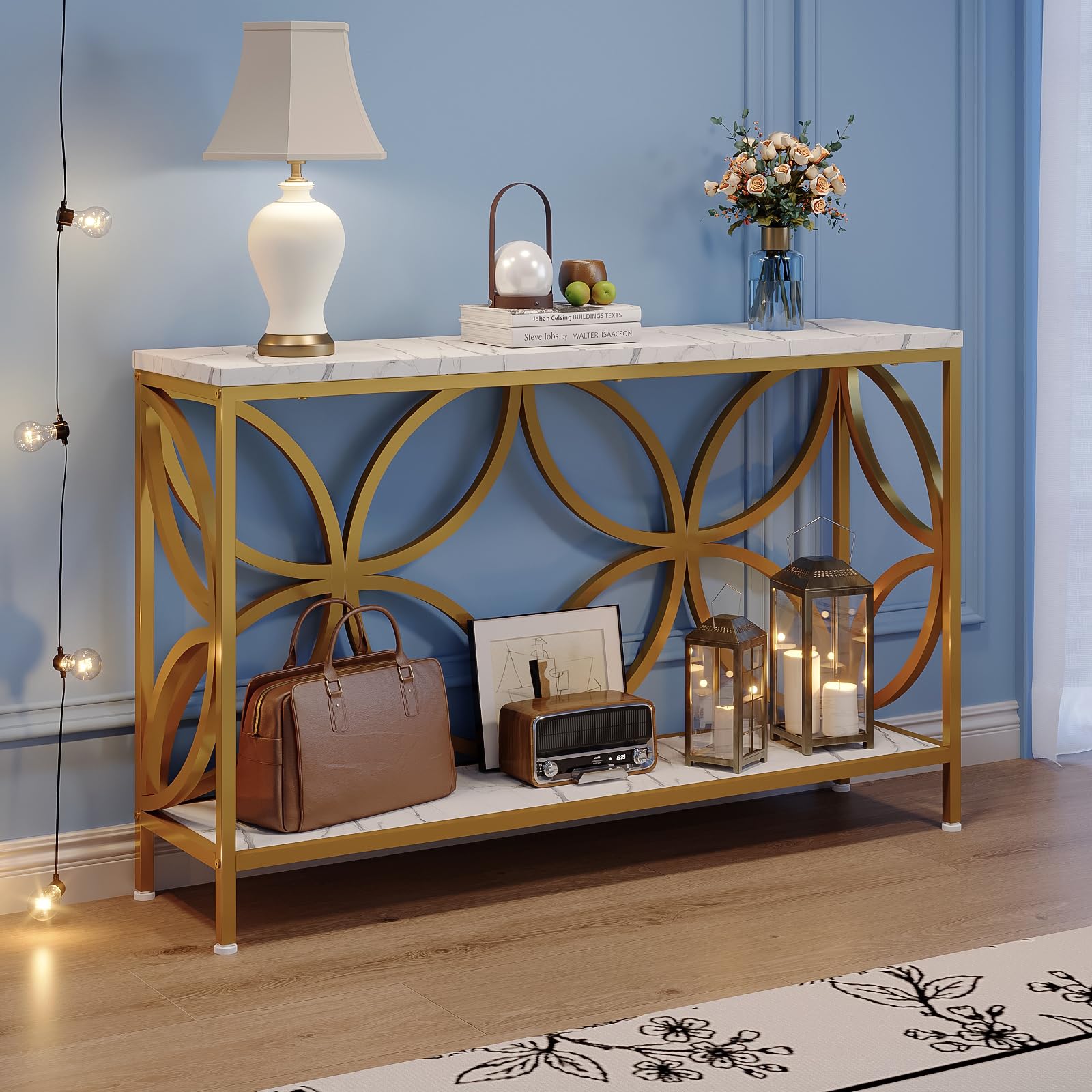GiftGo Narrow Sofa Table 47.2 Inch, Industrial Sofa Table Behind Couch, Vintage Entry Console Table with Storage for Entryway, Living Room, Foyer, Elegant Design (White and Gold, 47.2)