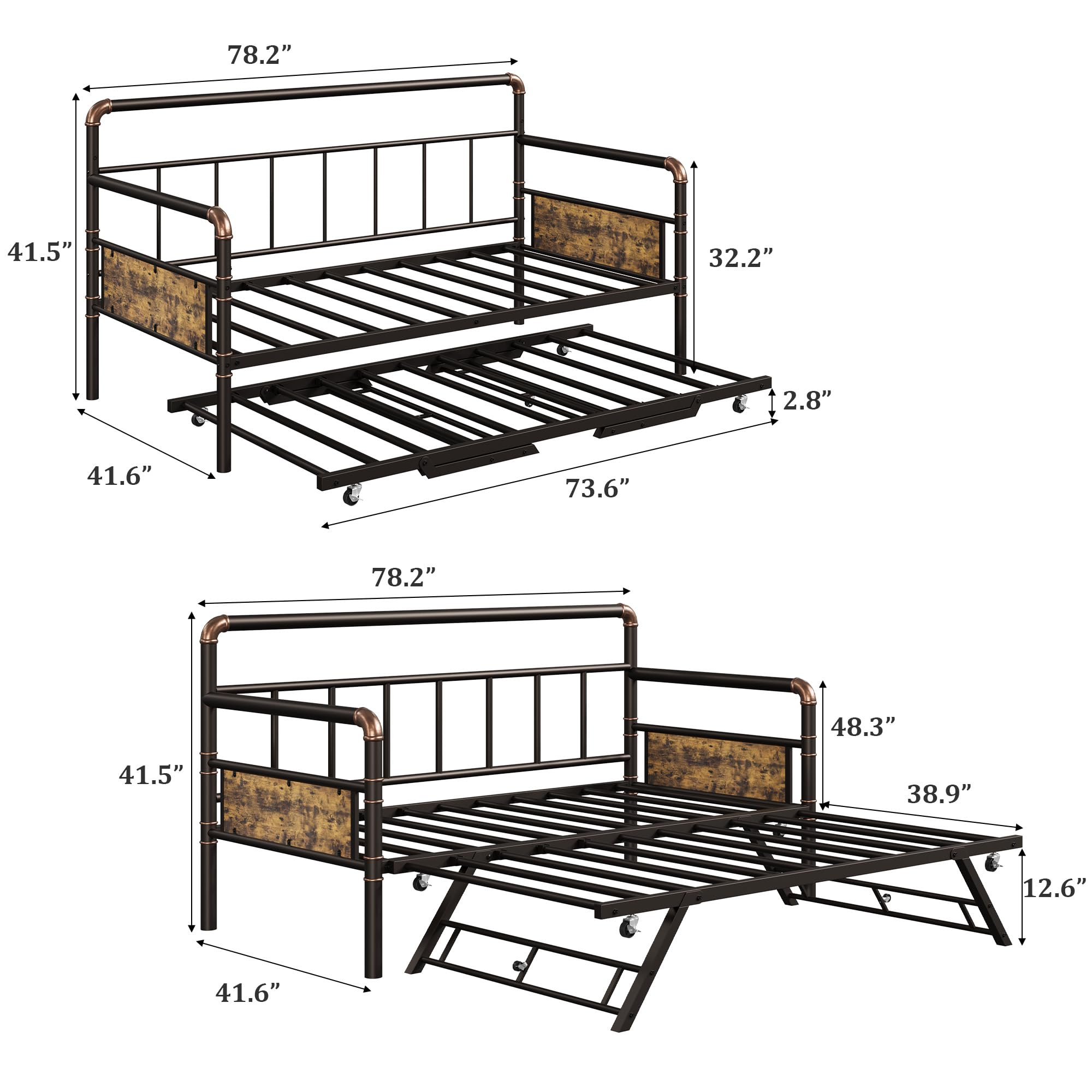 GarveeHome Daybed with Trundle, Twin Daybed with Pop Up Trundle Set, Metal Twin Bed Frame with Steel Slat Support, Sofa BedFrame for Kids/Teens/Adults, Easy Assembly, Brown