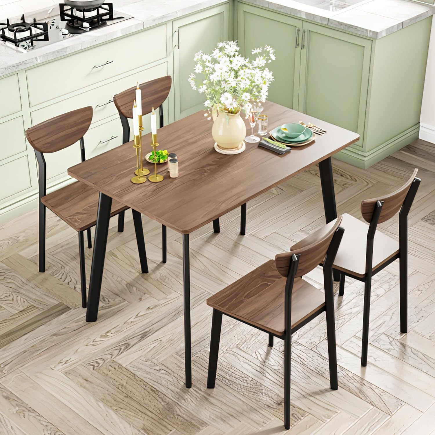 AWQM Dining Table Set for 4, Wood Kitchen Table and Chairs,Curved Backrest Kitchen & Dining Room Tables, Dinette Set for Small Space, Dining Room, Breakfast Nook, Apartment, Walnut