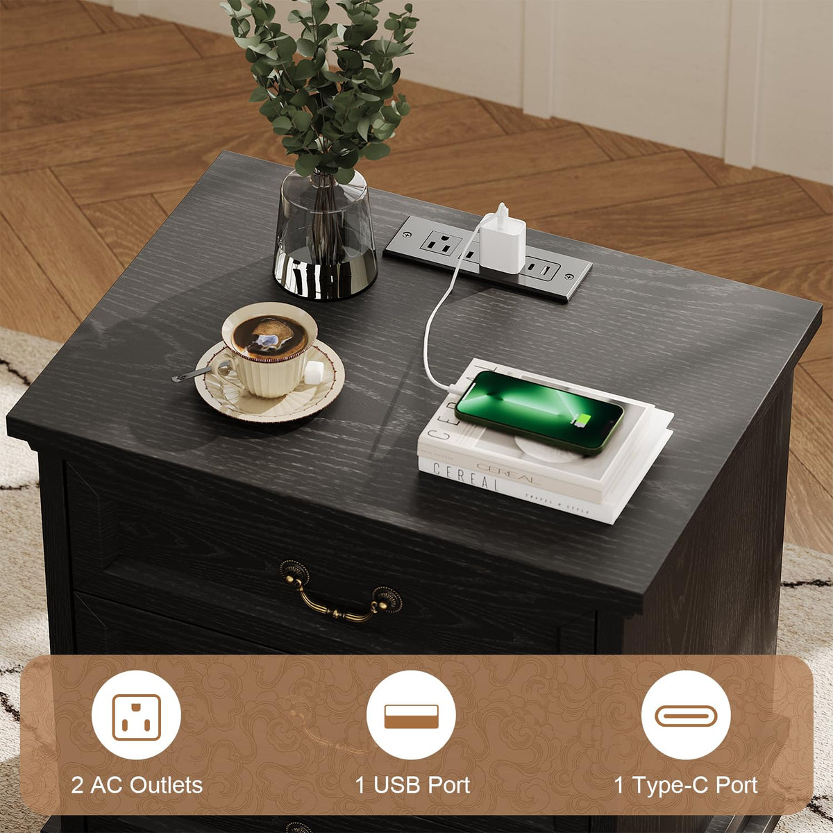 knoworld Nightstand with Charging Station, 3 Drawer Night Stand Set of 2