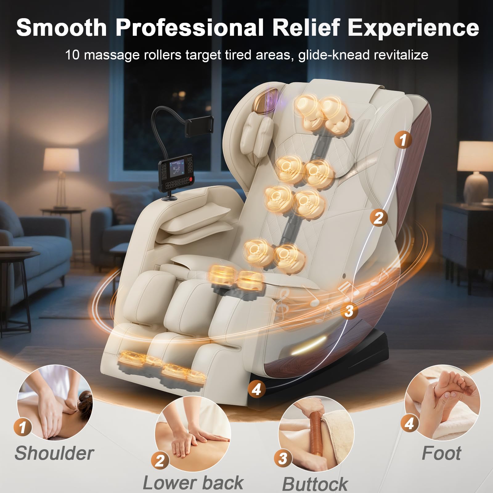 2026 Massage Chair, Massage Chairs Full Body and Recliner with 10 Fixed Points, Zero Gravity, Wood Grain Leather, Foot Massage, Airbags, Lumbar Heating, Bluetooth and Control Screen (Ivory White)