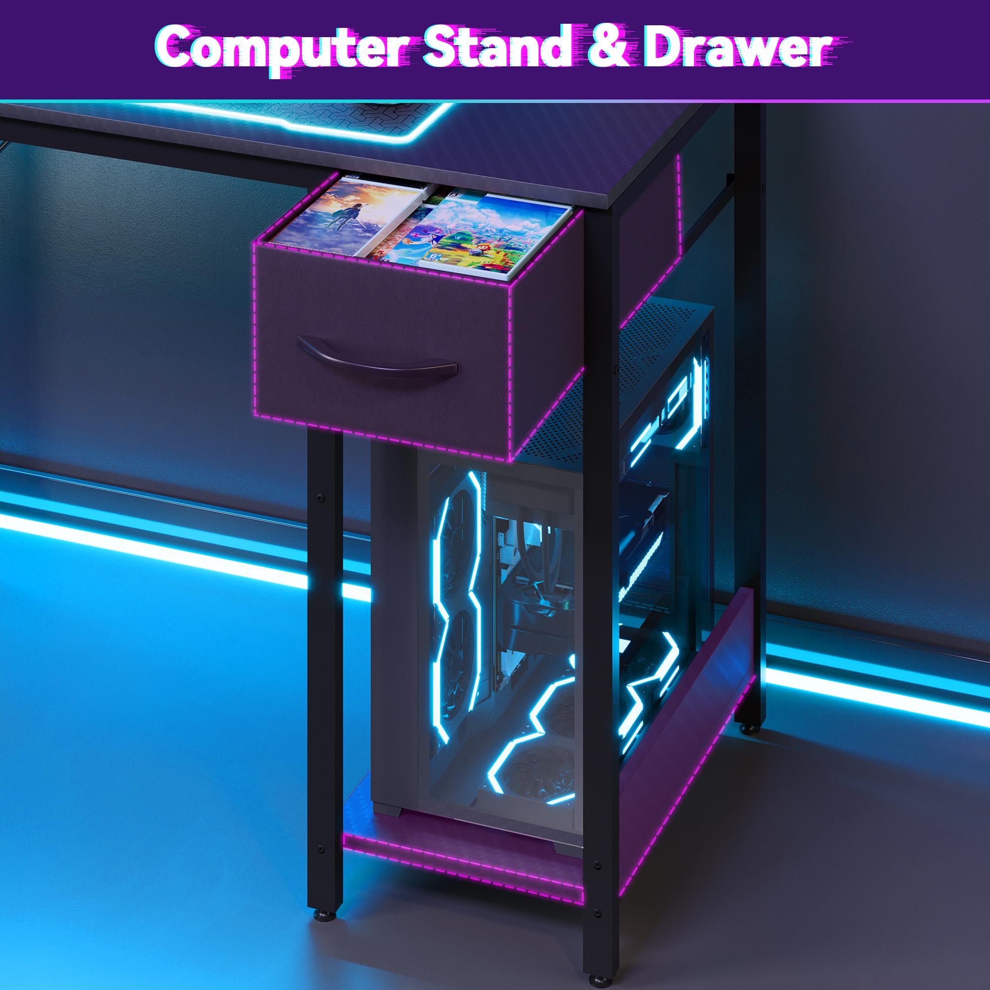 L-Shaped Gaming Desk with RGB LED & USB Charging