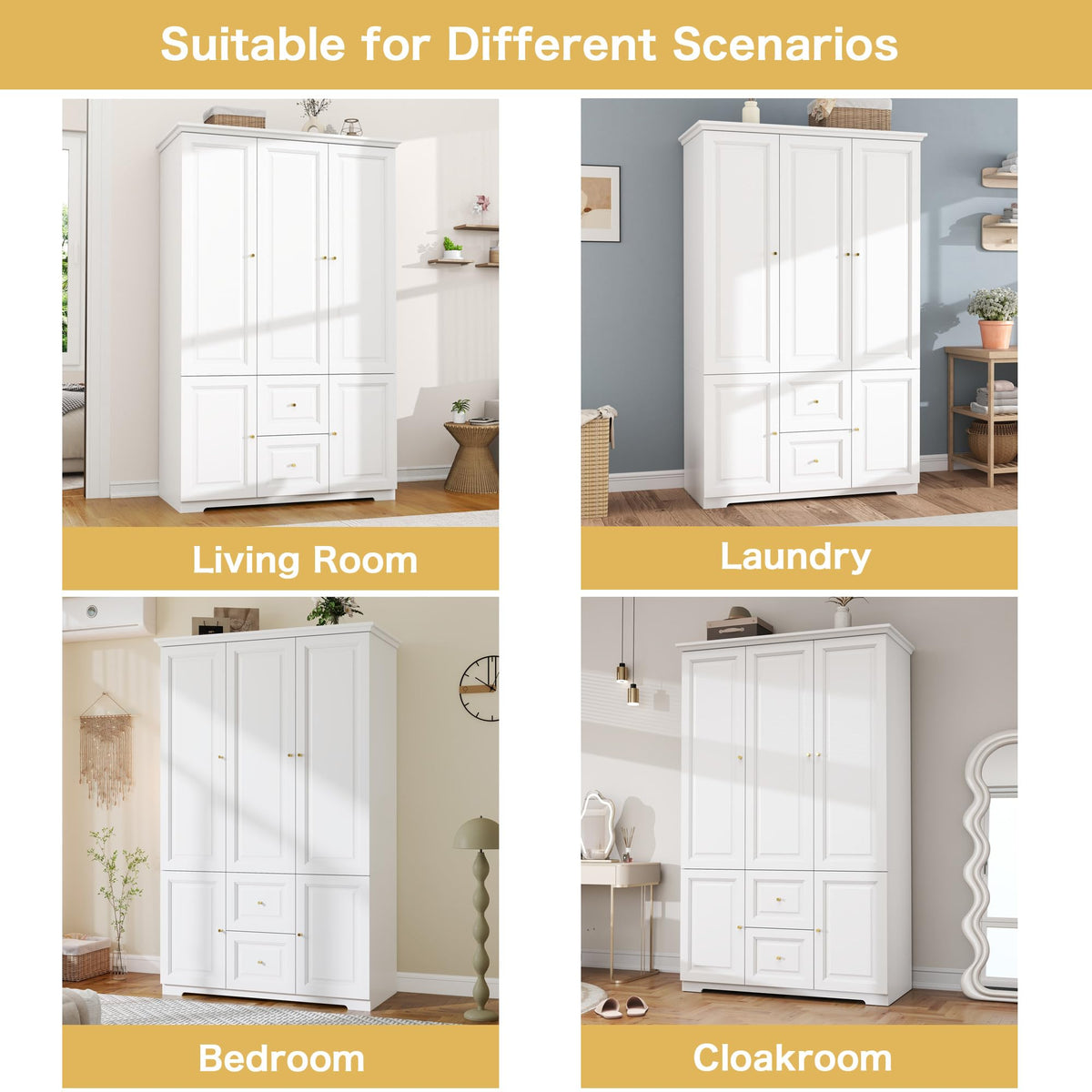 White 3-Door Wardrobe with Drawers