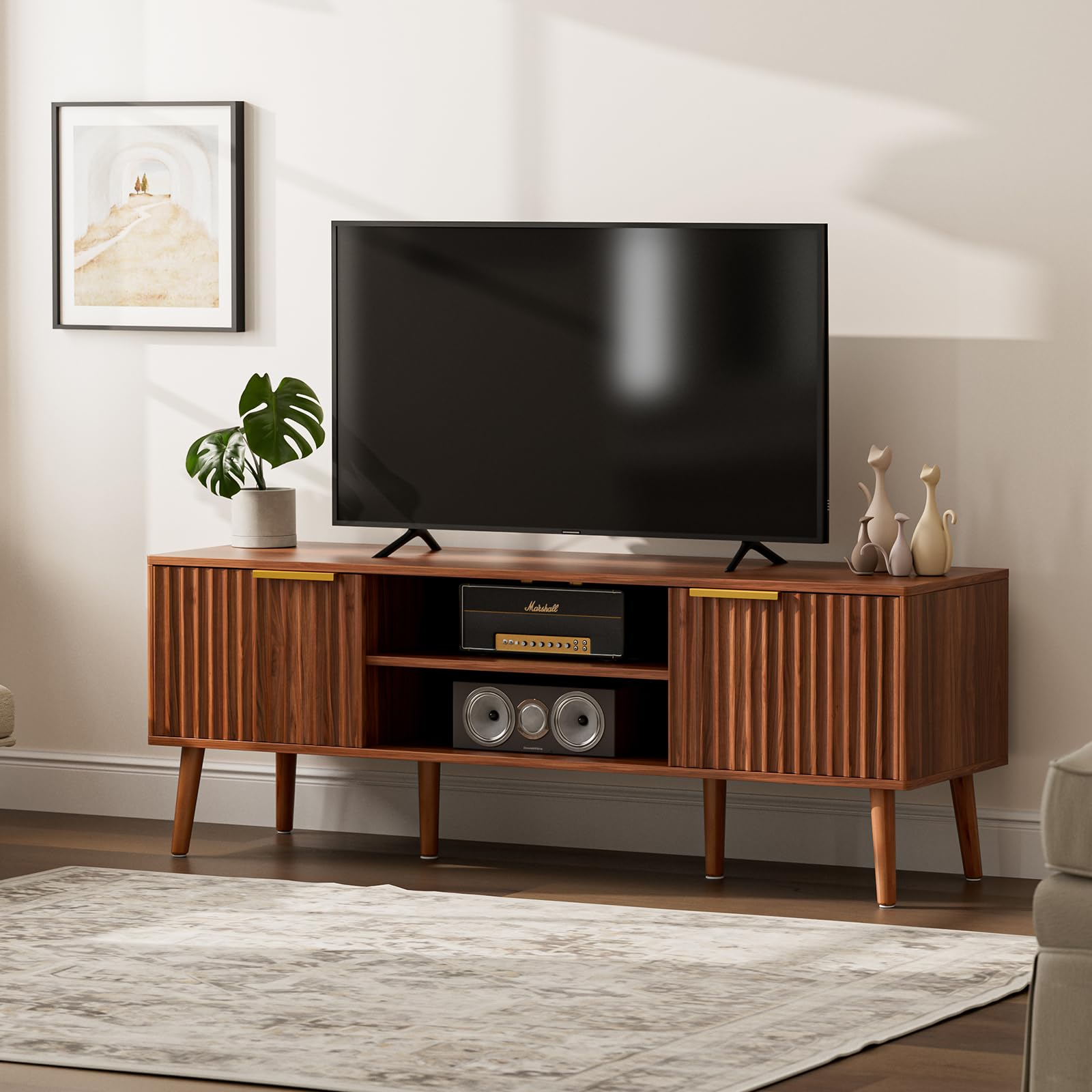 Mid-Century TV Stand with Fluted Door Cabinets
