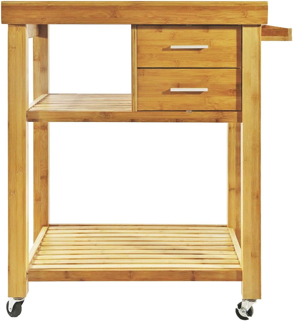 Home Aesthetics Rolling Kitchen Island Cart with Drawers Shelves, Towel Rack, Locking Casters, Butcher Block Food Prepping Cart Trolley on Wheels, Bamboo Wood