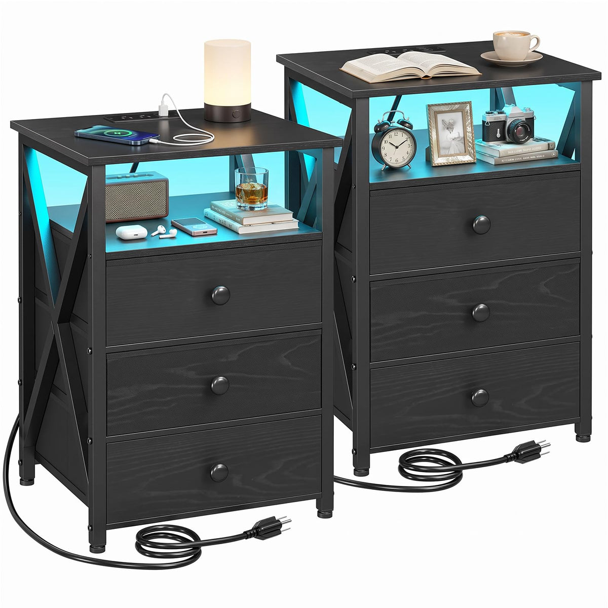 LED Nightstands with Charging Station, Set of 2