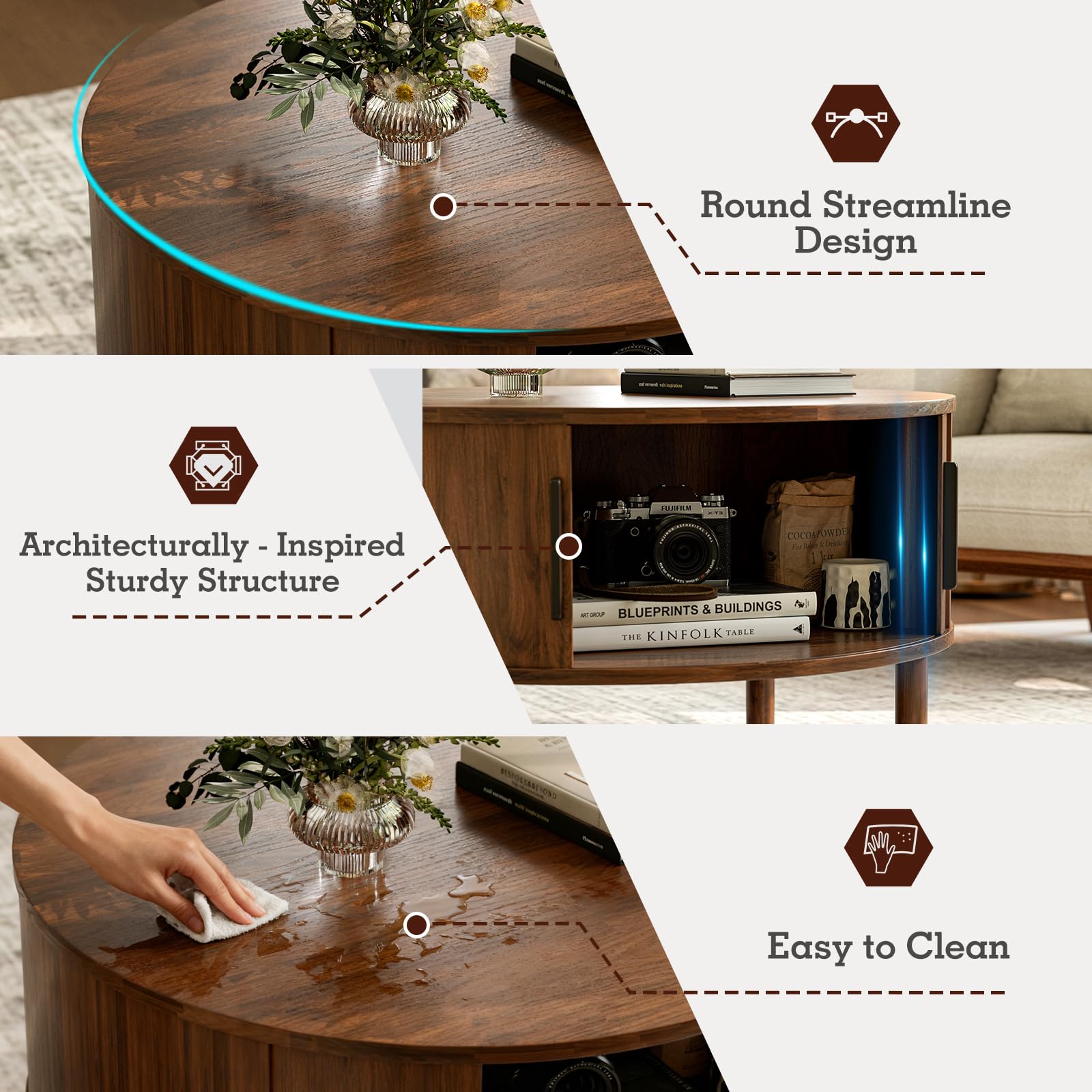 ZttRiee Coffee Table for Living Room, Modern Round Coffee Table with Cabinets & Sliding Doors, Home Small Space, 29.9" Fluted Center Table, Walnut