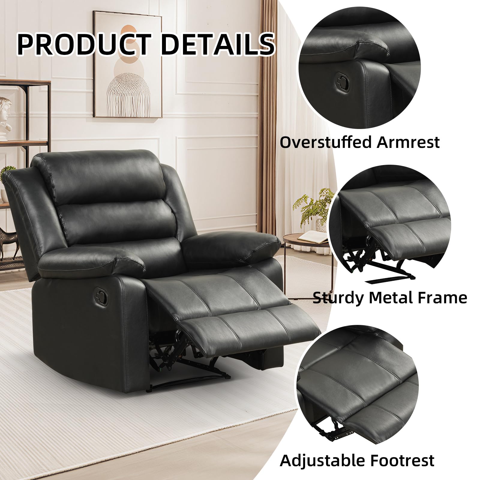 CANMOV Recliner Chair for Adults, Waterproof PU Leather Recliner, Soft Plush Overstuffed Manual Recliner with Footrest for Living Room Home Theater, Heavy Duty, Easy Clean(Black)