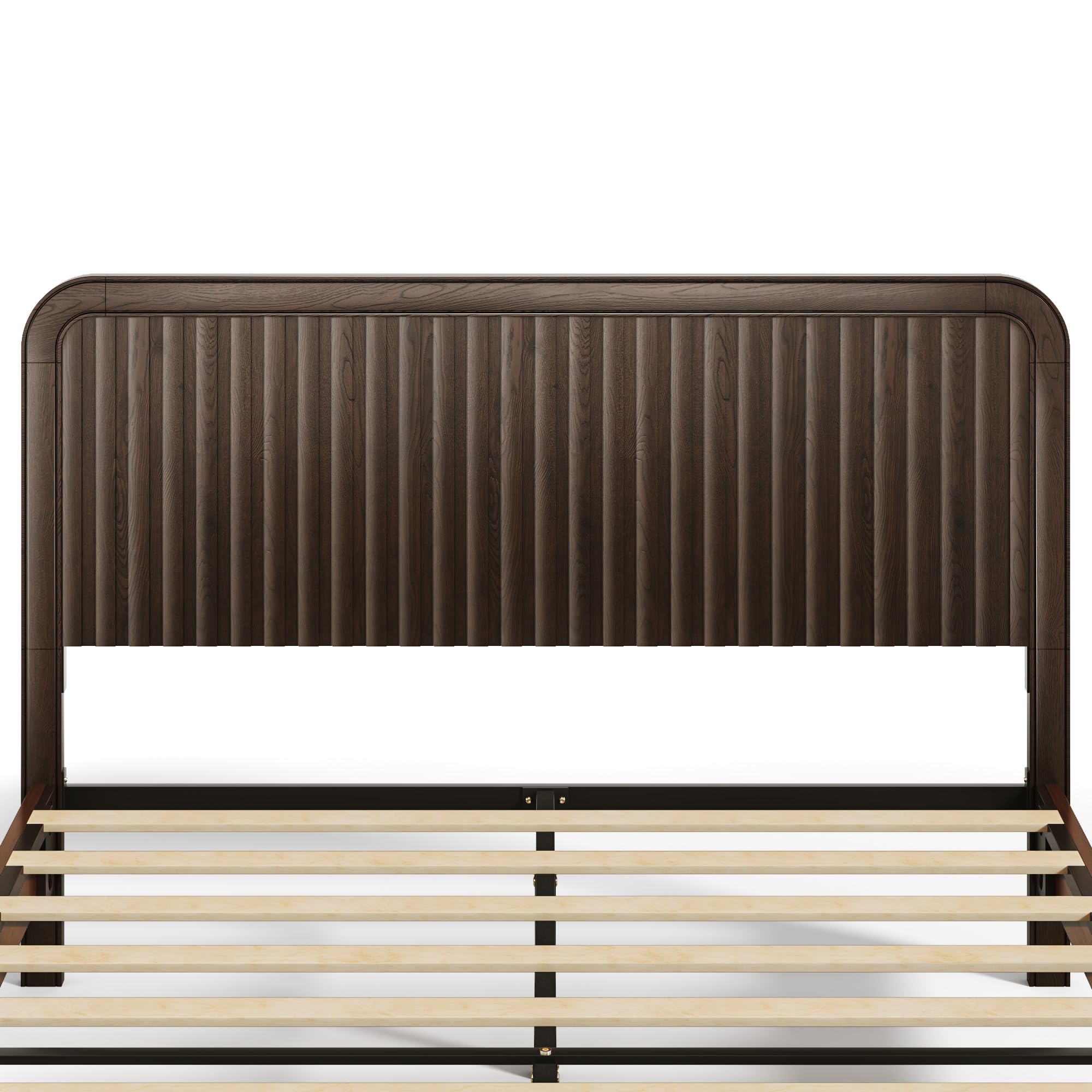 Lifezone Solid Wood Queen Size Bed Frame with Fluted Headboard, Walnut Japanese Bed Frame, Slats Support, Noise-Free, Sturdy Structure, Easy Assembly