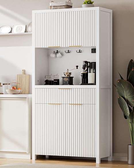 Fluted Pantry Cabinet with Charging Station & Adjustable Shelves