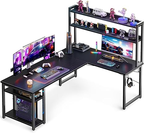 L-Shaped Gaming Desk with Hutch & Storage Shelves