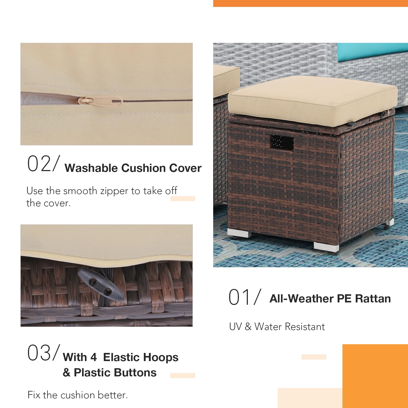 Outdoor Rattan Storage Ottoman Set of 2