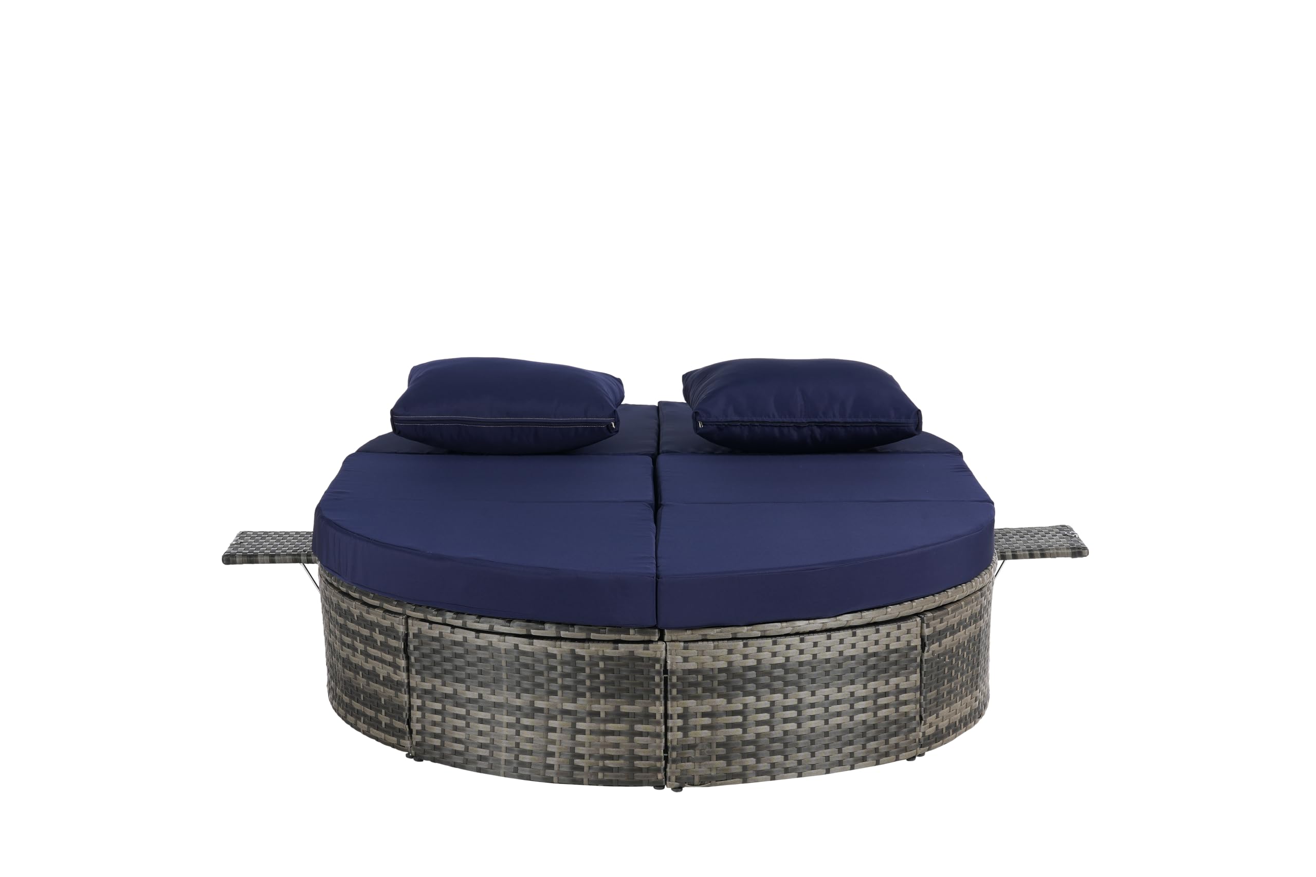SOFTSEA Outdoor Daybed with Adjustable Backrest, Patio Oval Wicker Sun Bed with Foldable Cup Trays, Rattan Reclining Chaise Lounge with Cushion and Pillows for Lawn, Poolside, Dark Blue