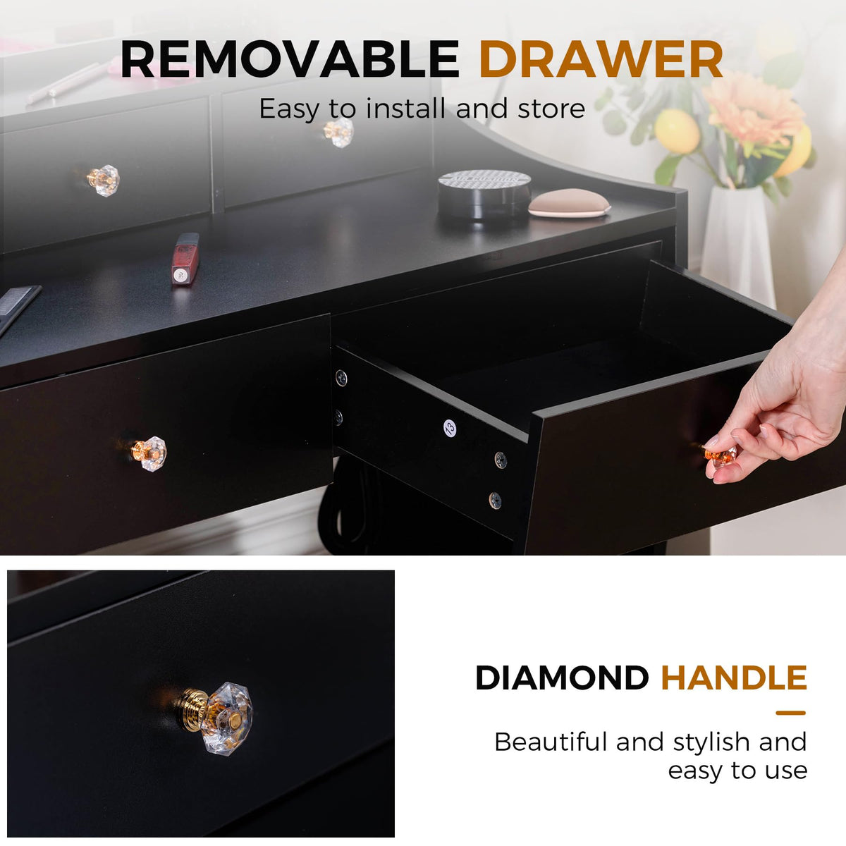 COMHOMA Vanity Desk with LED Lights Mirror & Power Outlet, Small Makeup Vanity Table Set with 5 Storage Drawers, 3 Lighting Modes & Adjustable Brightness, Dressing Table for Women Girls Bedroom, Black