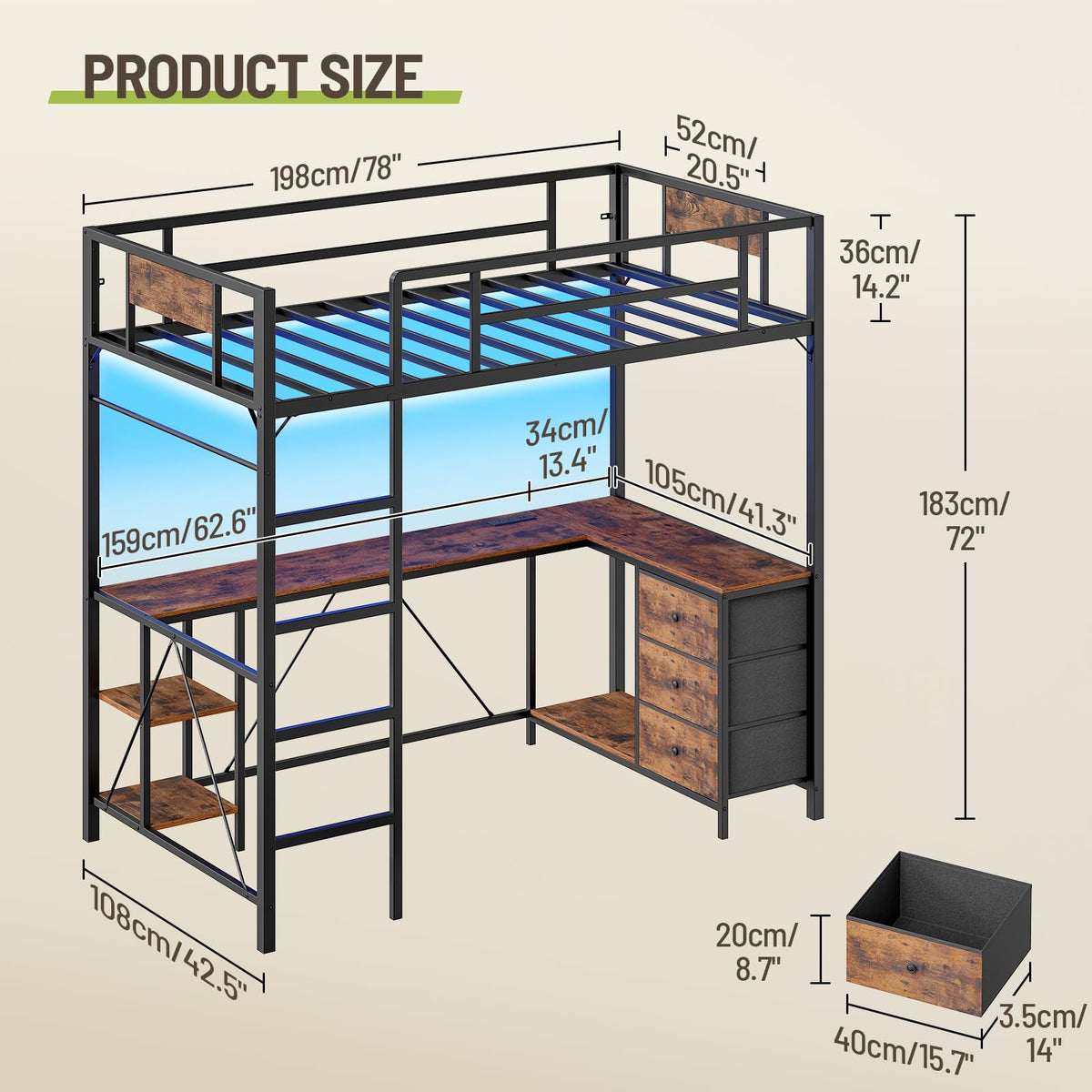 Twin Loft Bed with L-Shaped Desk
