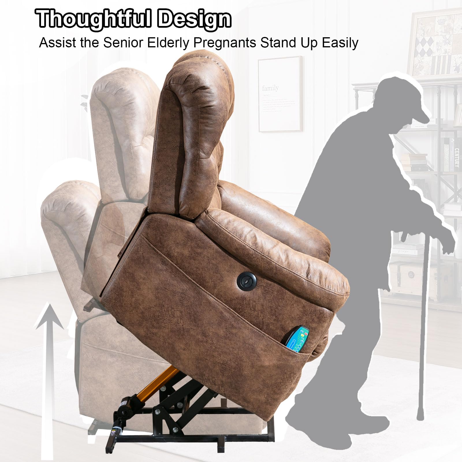 Bonzy Home Power Lift Chairs Recliner with Massage and Heating, Electric Recliner Chair with 24" Wide Seat for Big People, Full Padded Backrest, Waterproof Faux Leather, USB Charging Ports, Brown