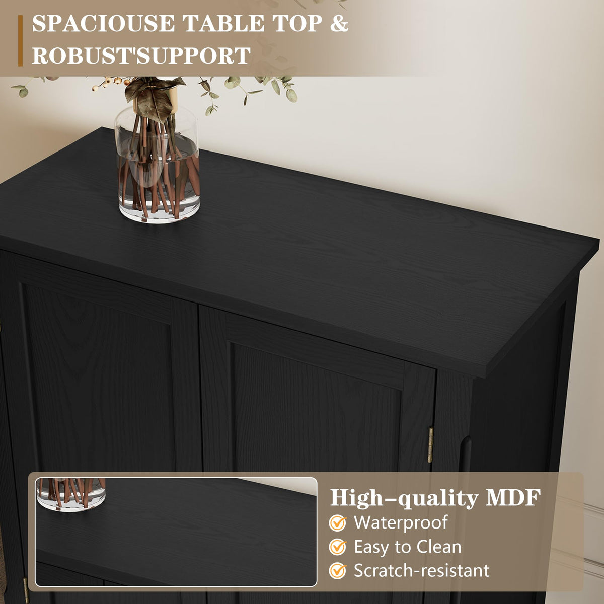 ARTPOWER Vintage Buffet Cabinet with Storage, Solid Wood Veneer, Black