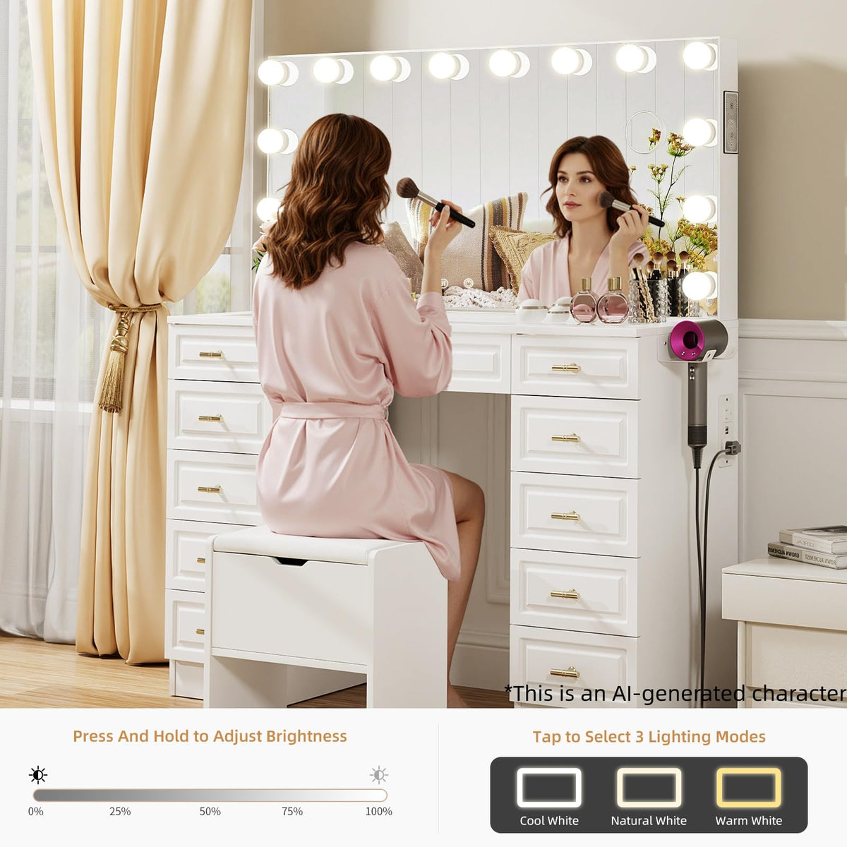 VOWNER Vanity with Lighted Mirror, Makeup Vanity Desk w/Bluetooth Speaker