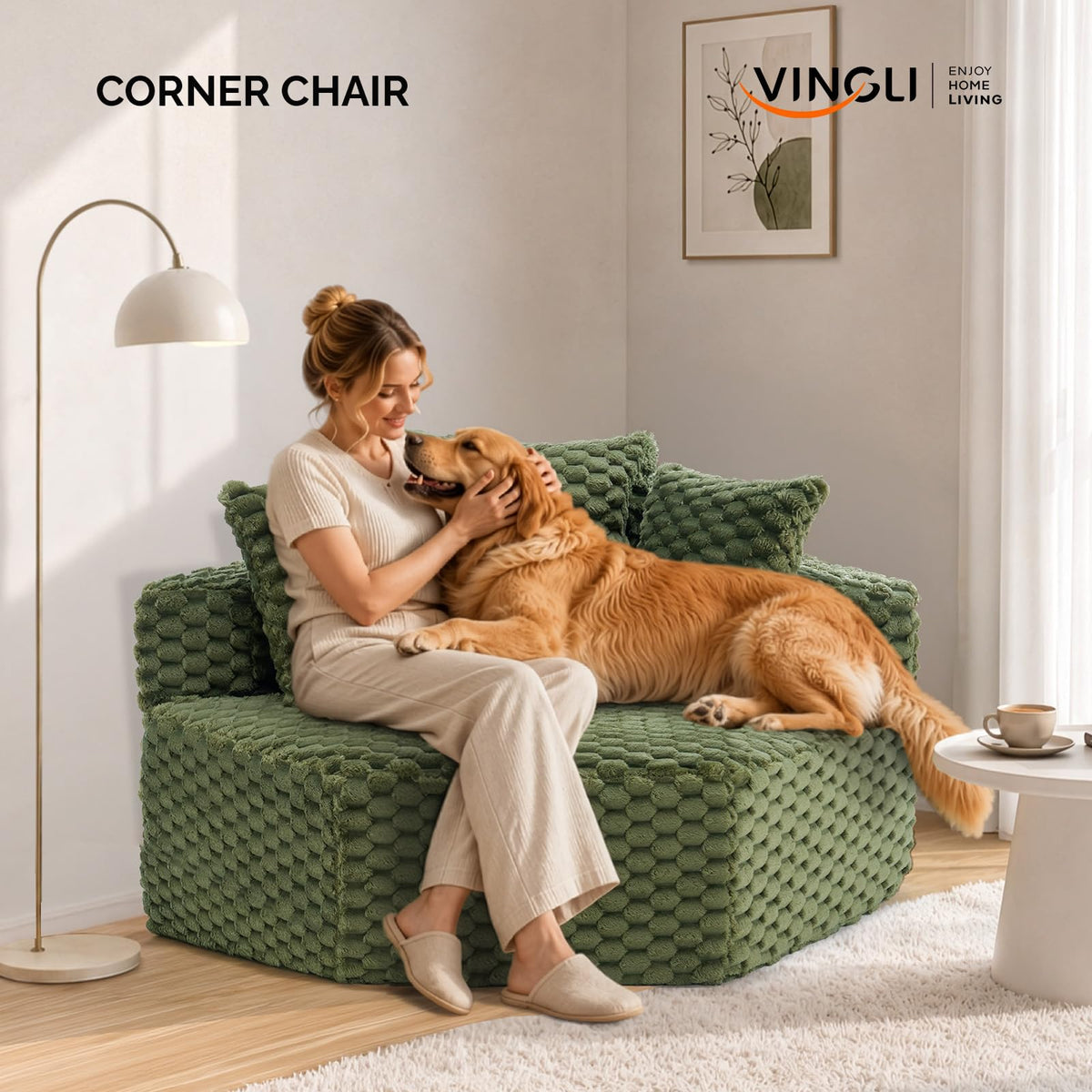 VINGLI Hexagon Boneless Chair, Modern Modular Chaise Lounge Sofa Bed, Corner Chair with Pillows, Plush Corduroy Upholstered Lazy Sofa for Living Room, Bedroom, Apartment, No Assembly Required