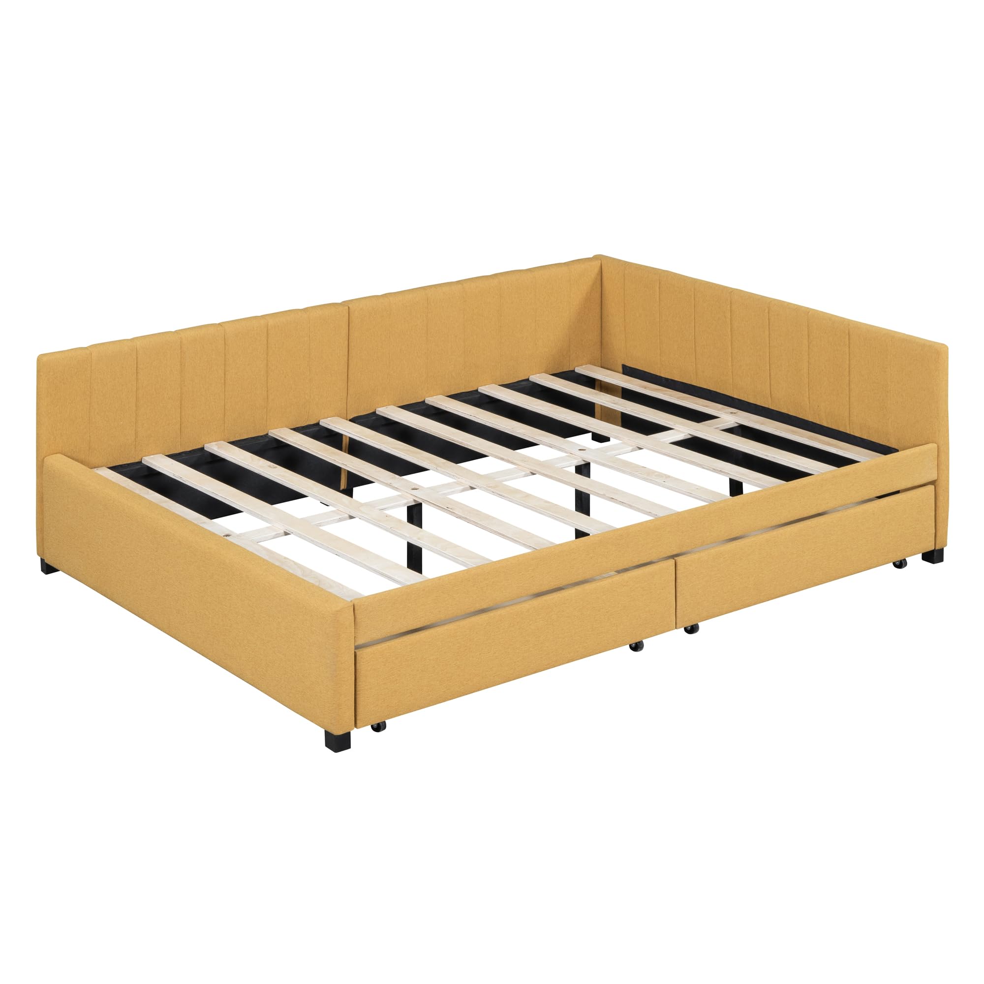 Merax Full Size Daybed with Drawers, Upholstered Full Daybed, Linen Fabric Sofa Bed, No Box Spring Needed, Yellow