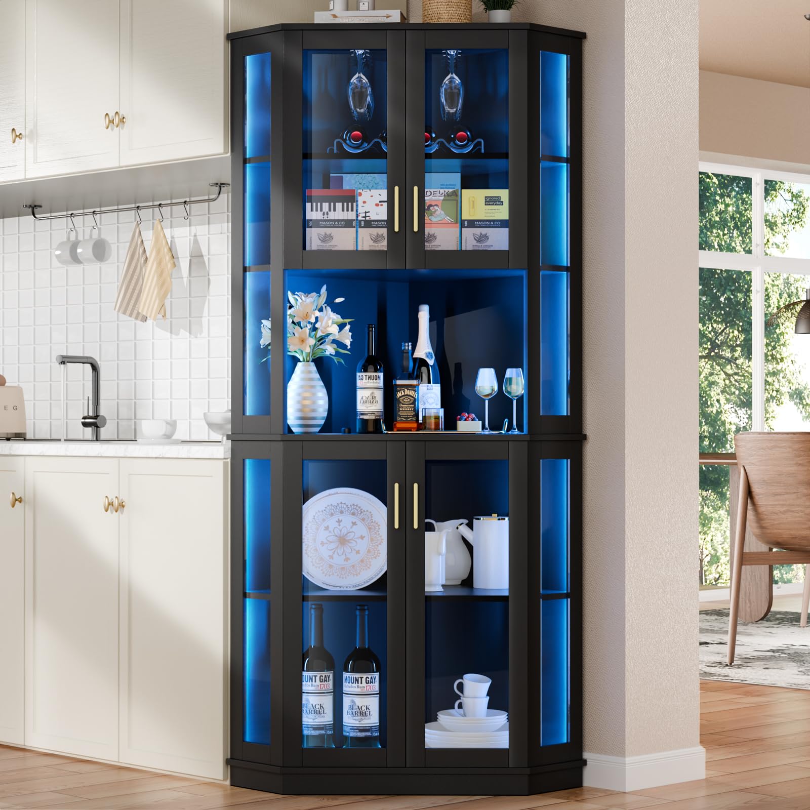 Loomie 71'' Corner Wine Bar Cabinet with LED Lights,5-Tier Tall Home Liquor Coffee Bar Cabinet W with Tempered Glass Door & Glasses Rack, Alcohol Cabinet Storage Hutch for Kitchen,Living Room (Black)