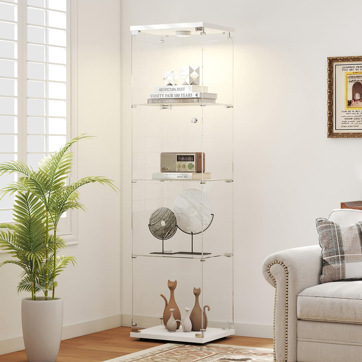 Zevemomo 4-Tier Glass Display Cabinet with Lights, White