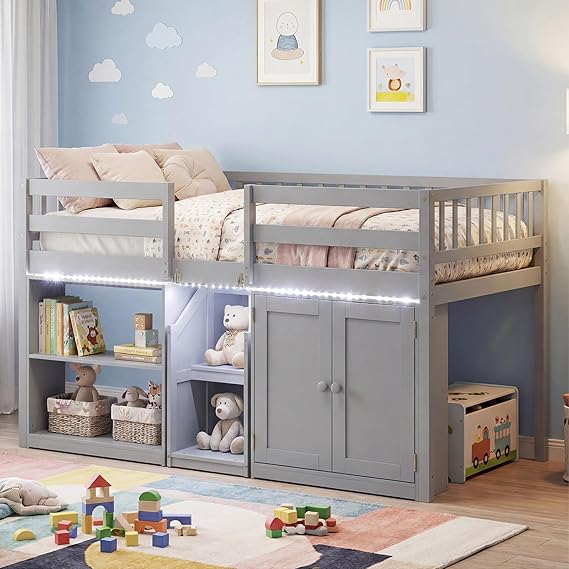 Twin Size Low Loft Bed with LED Lights, Storage Cabinet & Bookshelf
