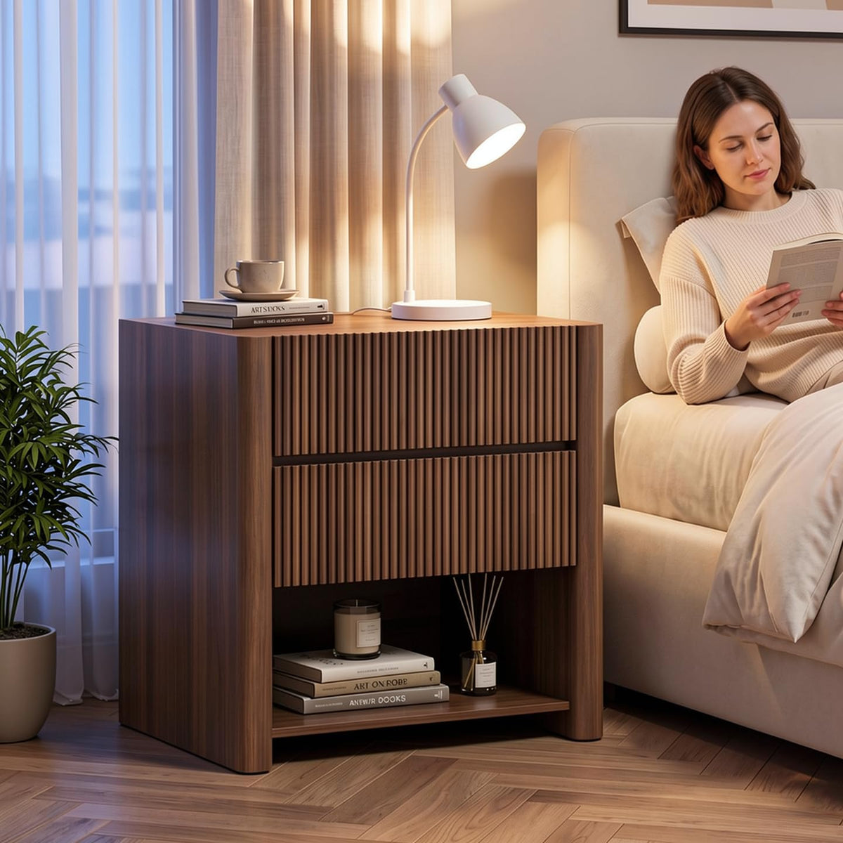 Apicizon 23.6'' Wide Fluted Nightstand with Charging Station, Walnut
