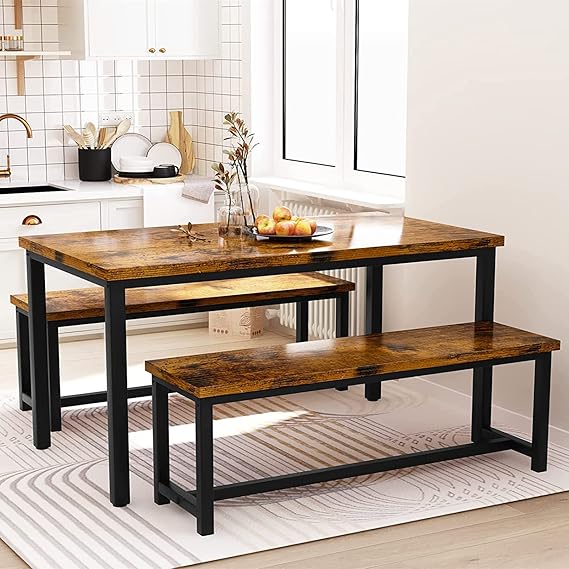 Farmhouse Dining Table Set with 2 Benches