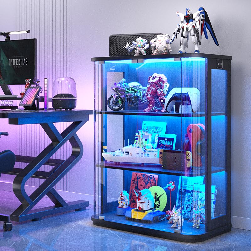 BROTTAR Rounded Display Cabinet with Glass Door, 3-Tier Curio Cabinet with 3 Color Lights for Collectibles, Glass Display Case with Transparent Full-Display Surface, Human Body Sensor, Black