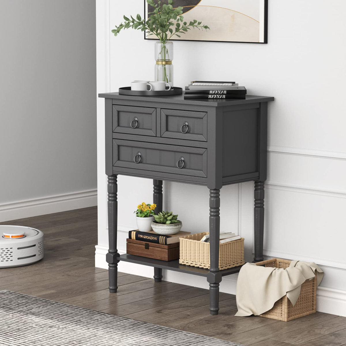Gray Console Table with Drawers