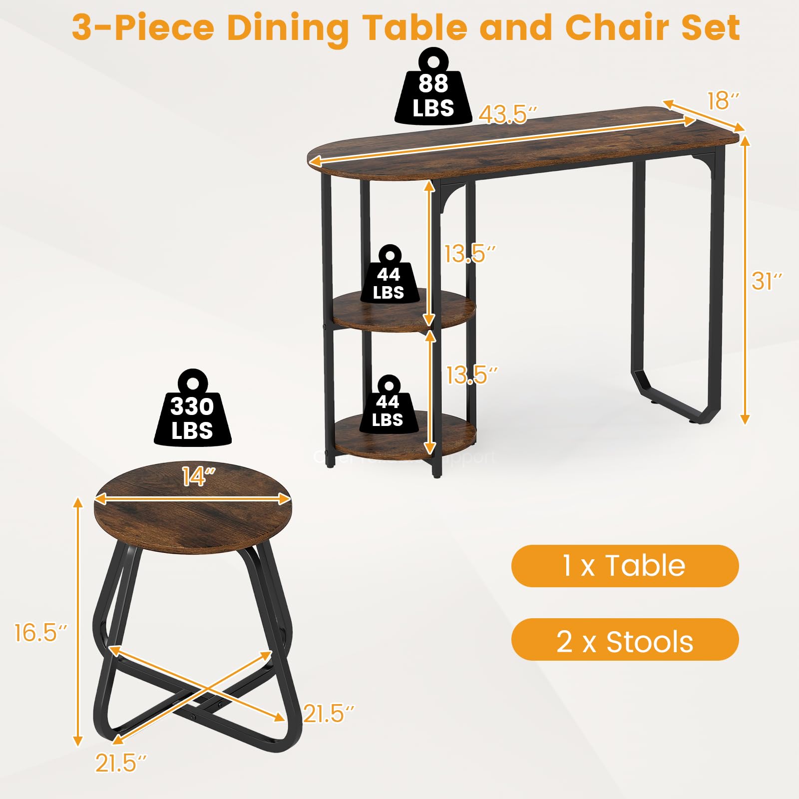 3-Piece Industrial Dining Table Set with 2 Stools & Storage Shelves
