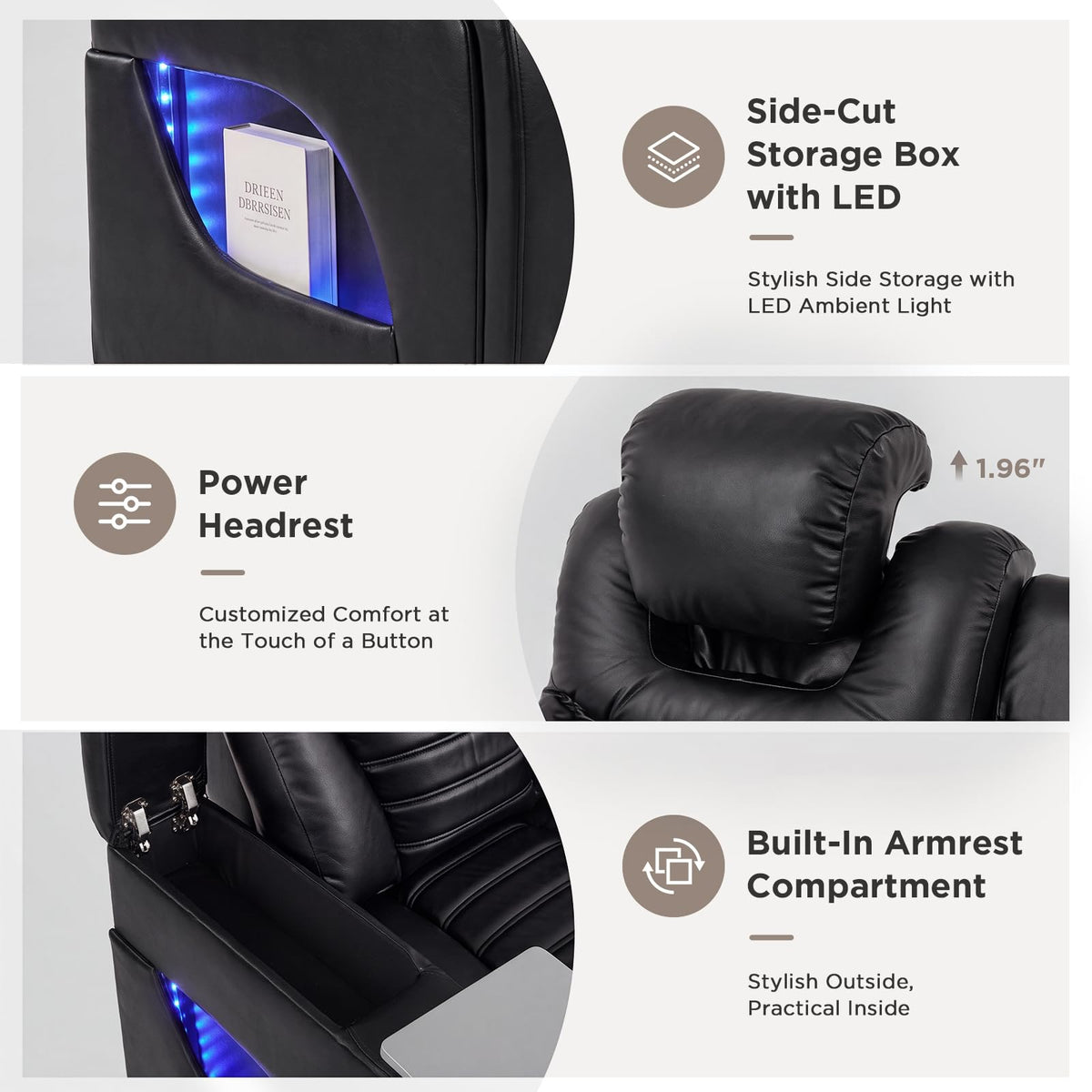 URRED Home Theater Seating Breathable Leather Power Recliner Sofa，Black