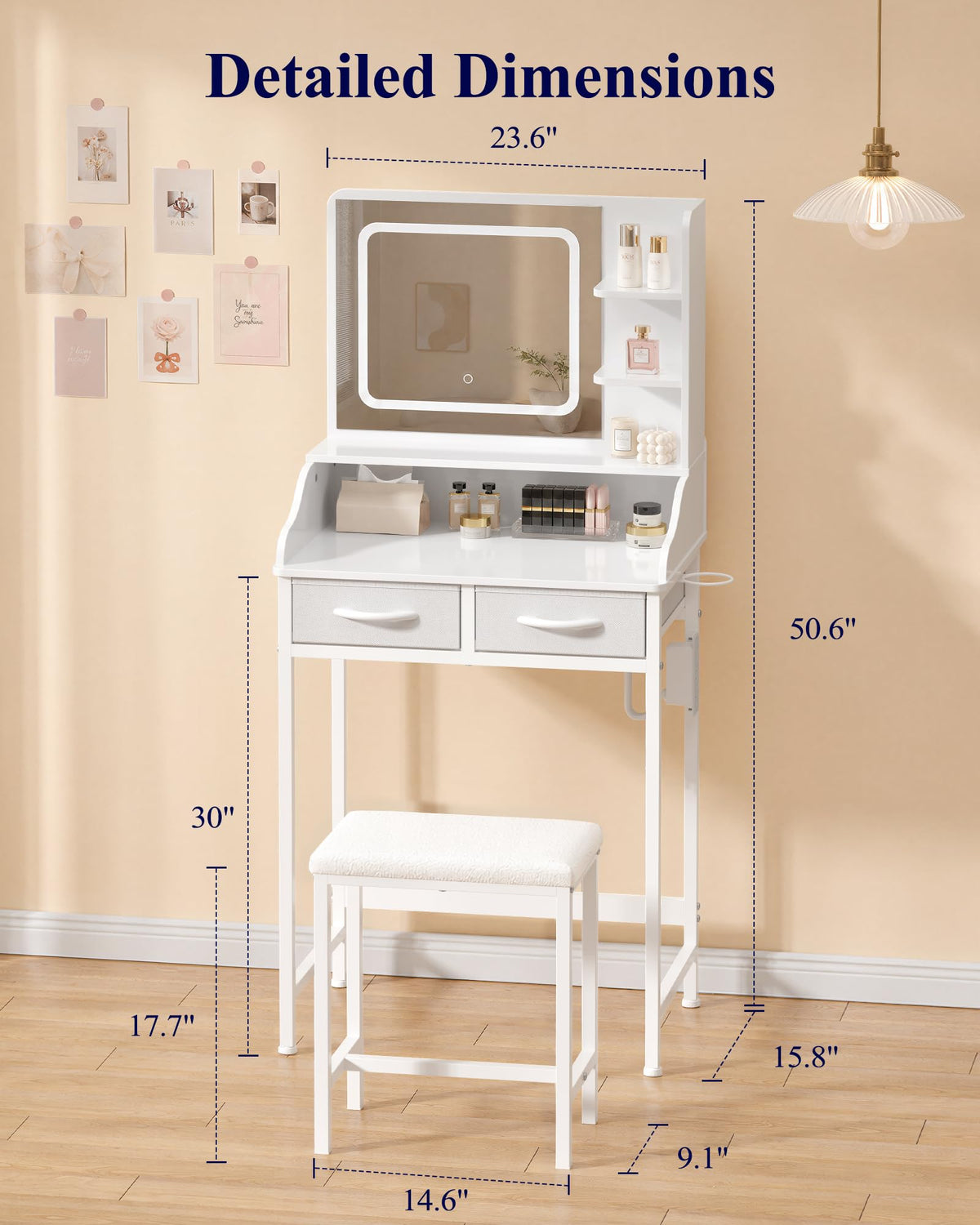Kitsure 23.6" W Small Vanity Desk with Mirror and Lights, Power Outlet
