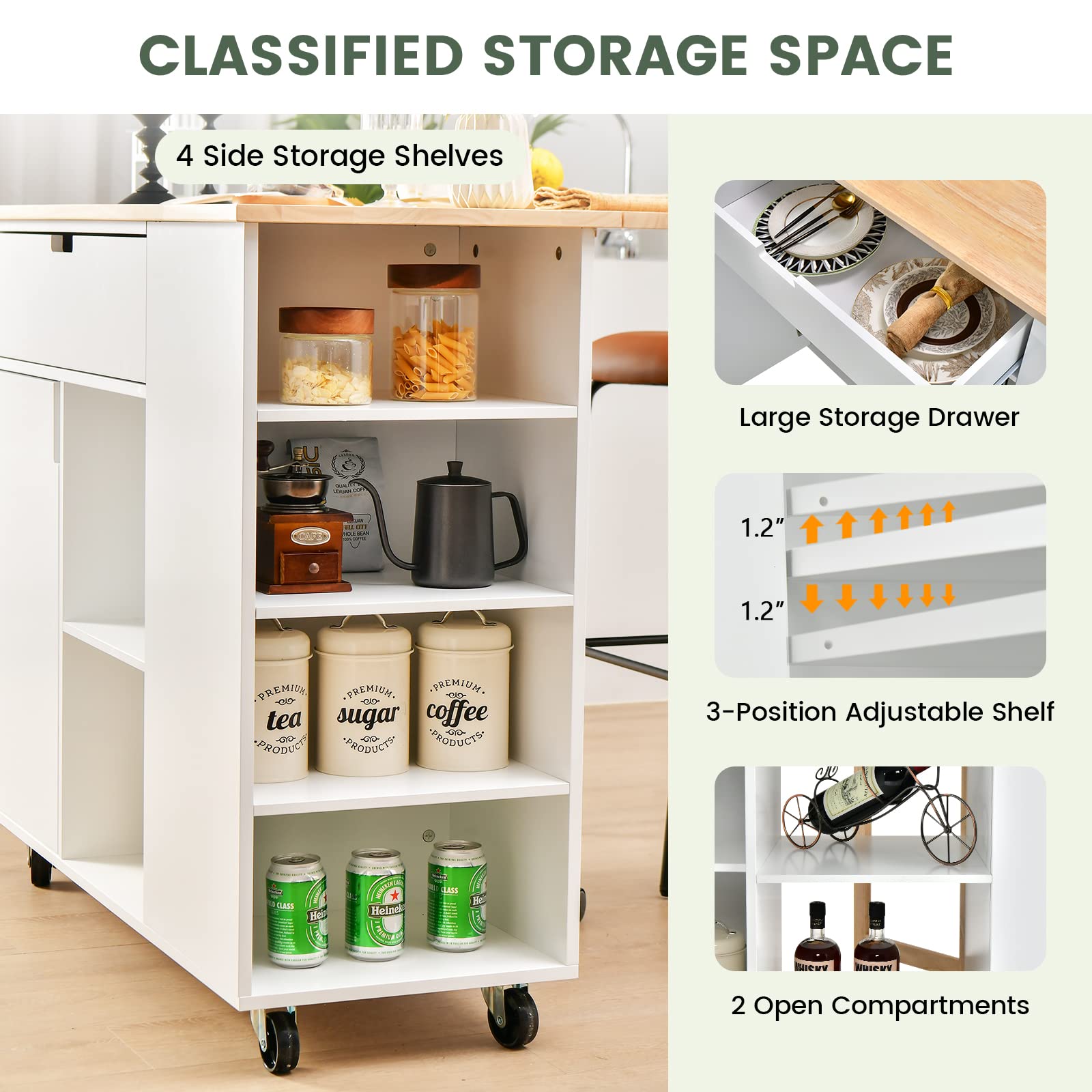 LOKO Kitchen Island with Drop Leaf, Rolling Kitchen Storage Cart with Drawer, Cabinet, 6 Open Shelves, Spice Rack & Towel Bar, Rolling Kitchen Island with Storage & Lockable Wheels (White)