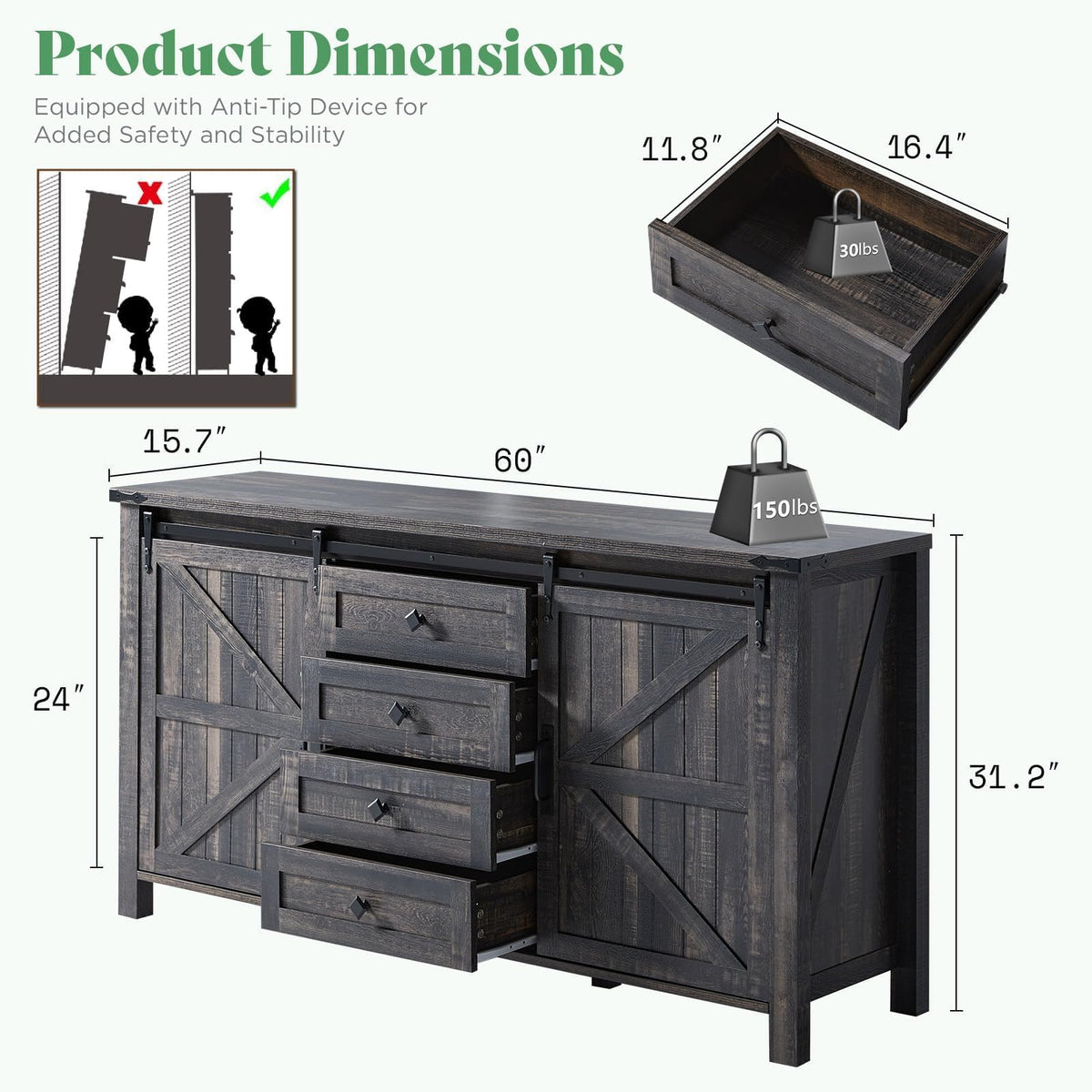 AMERLIFE 3-Piece Black Farmhouse Bedroom Set with Full Bed & 2 Dressers